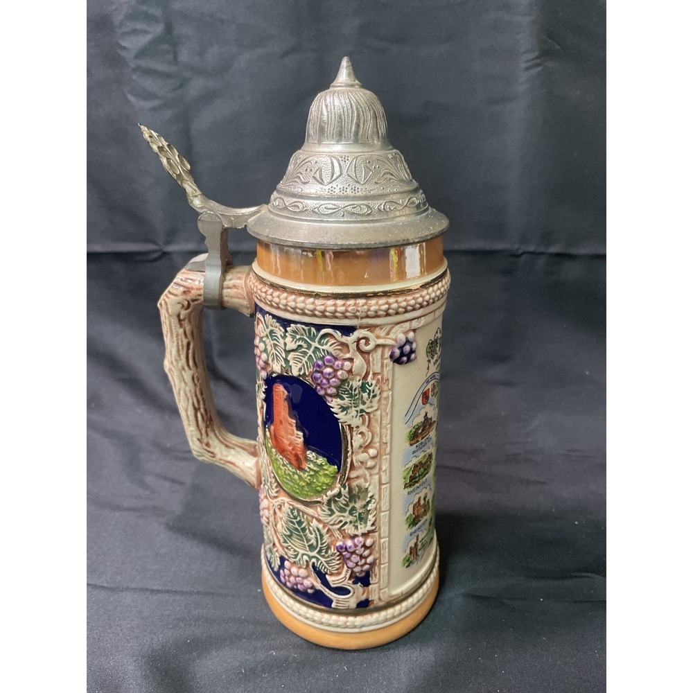 Vintage Handgemalt German Beer Stein Pewter Lid 9.5" Tall